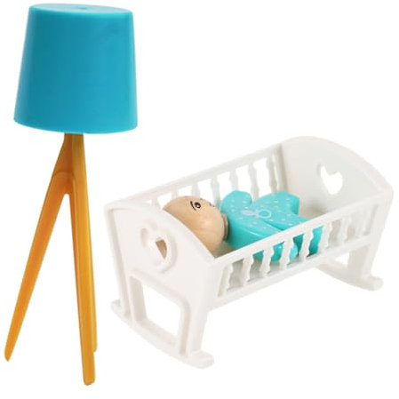 Alasum 1satz Mini Babybett Mit Tischlampe Deko Für Schlafzimmer Weiße Mini Krippe Blaue Lampe Babyfigur Accessoires Für Puppenstuben Und Miniaturmodelle
