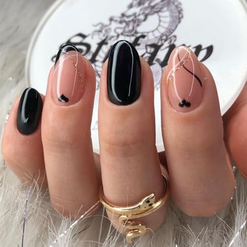 GlamRays Pack of 24 Short Oval-shaped False Stick-on Nails with Shiny Black Heart Decoration, Nude Pink with Gold Glitter