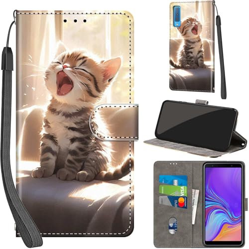 Handyhülle für Samsung Galaxy A7 2018 Hüllen Premium Leder Case Klappbar Wallet Magnet Kartenfach Standfunktion Schutzhülle kompatibel mit Samsung A7 2018 Cover,Katze