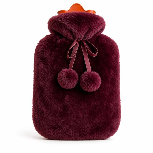Wärmflasche mit flauschigem Kunstfell-Bezug (Rot/Bordeaux) – Extra weich, 2L Fassungsvermögen, langanhaltende Wärme, kuschelig & auslaufsicher – ideal für Winter, Schmerzen & Entspannung