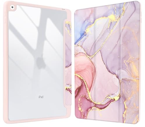 Vozehui 10.2 inch Pink Marble Case for iPad 9th/8th/7th Generation Case with Clear Back Shell w/Pencil Holder,Tri-fold Stand Protective Cover w/Auto Sleep Wake for 10.2 inch 2021/2020/2019