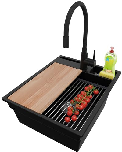 PRIMAGRAN Granitspüle ab 45er Unterschrank + Küchenarmatur, 43x53cm | Set: Küchenarmatur BW6020 + Ablauf-Set (Siphon, Ablaufgarnitur, Überlauf) + Spülbecken 1 Becken - Oslo Pocket, Schwarz