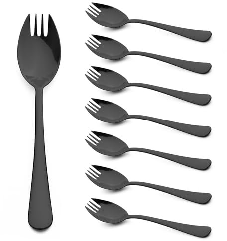 Alata Sporks, 8-Pack Black Food-Grade Stainless Steel Sporks, 7.4 inch Long Handle Salad Forks for Dessert, Ice Cream, Salad, Soup, Pasta, Spaghetti, Dishwasher Safe