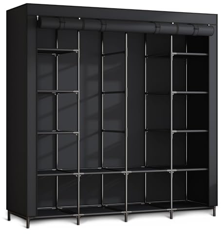 Massido Kleiderschrank Stoffschrank Faltbar Stabil 14 Ablagen Kleiderstange Soffüberzug Stahlgestell 170 x 45 x 170 cm Schwarz