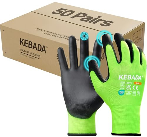 Kebada Work Gloves for Men, Touchscreen, PU Coated, W1, 50 Pairs Bulk Pack | Green, Size 9/L, breathable knit, secure grip, safety gloves for gardening, mechanics, warehouse, driving & construction