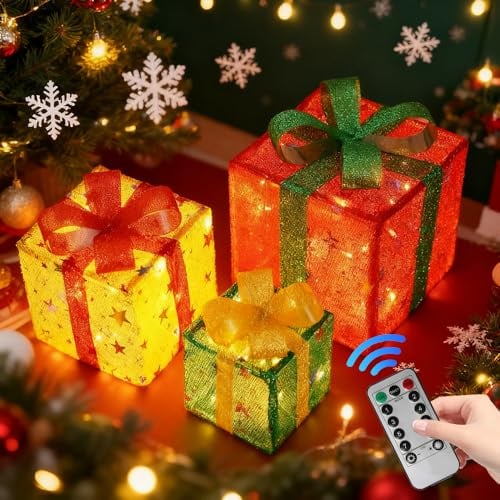 3 Stück Set Geschenkbox Deko Weihnachten LED, Weihnachts Deko Geschenke Beleuchtung Boxen mit Fernbedienun, LED WeihnachtsGeschenkboxen Batteriebetrieb, Weihnachtenboxen
