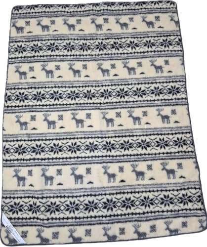 Wolldecke aus 100% Schurwolle, Atmungsaktive Winterdecke, Natürliche Wolldecke für Warme Gemütlichkeit (200x155, mit Rentiermuster)