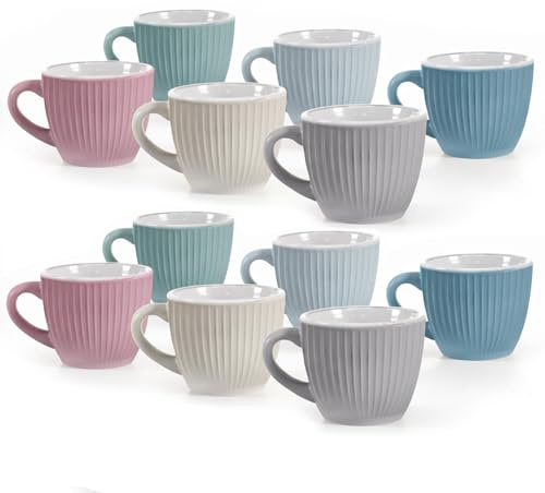 Set 6/12 Tazzine da Caffè - Colori Pastello, 90 cc, Design Rigato, in Rilievo, Ceramica, Ideali per Espresso, Idea Regalo, Assortito - 6 x 6h cm (12, ASSORTITO, 6 x 6h cm)