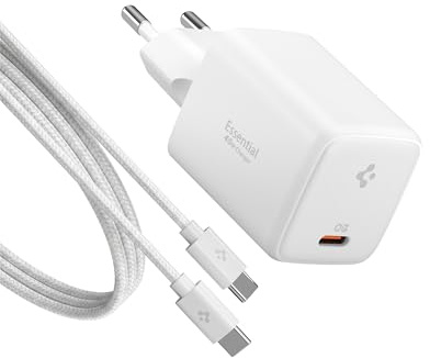 Spigen ArcStation Essential GaN 45W USB-C Ladegerät, Fast Charger, Weiß | Mit 100W E-Marker-Kabel, PD PPS Schnellladegerät, Netzteil Adapter für iPhone 17, Galaxy S26/Z Fold 8, Pixel 11 Pro XL Fold