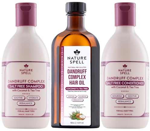 Nature Spell Dandruff Haircare Trio, Helps Reduce Flakes, Vegan, Pack Of 3 | Pre-Diluted Coconut & Tea Tree Oil, Shampoo & Conditioner Set, Soothes Dry Scalp, Colour-Safe