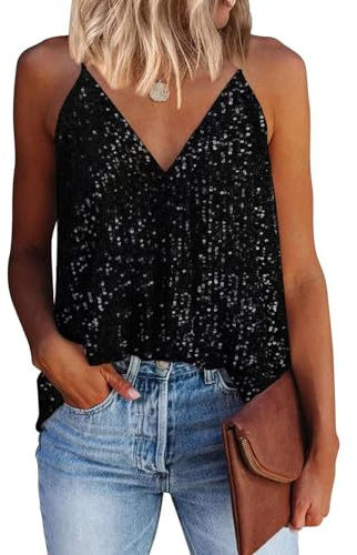 Vcindai Damen Pailletten Top Ärmellos Crop Tops Spaghettiträger Oberteil