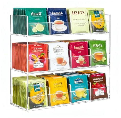 Teebeutel Organizer aus Acryl - 3-stufige Teebeutel Aufbewahrung mit 12 Fächern, Teebeutelhalter für 216 Teebeutel Teeregal Hochkant für Arbeitsplatten Küchenschränke Vorratskammern, Platzsparend