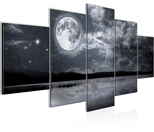 Runa Art - Bilder Nachthimmel Mond 200 x 100 cm 5 Teilig XXL Wanddekoration Design Schwarz Weiss 607551b