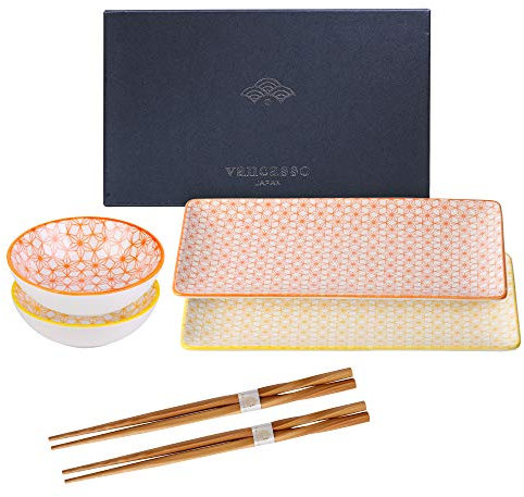 vancasso Serie Natsuki Vajillas de Sushi Japonés, 2 Platos para Sushi, 2 pequeños Platos de Salsas, con Caja de Regalo, Set de Sushi para 2 Personas