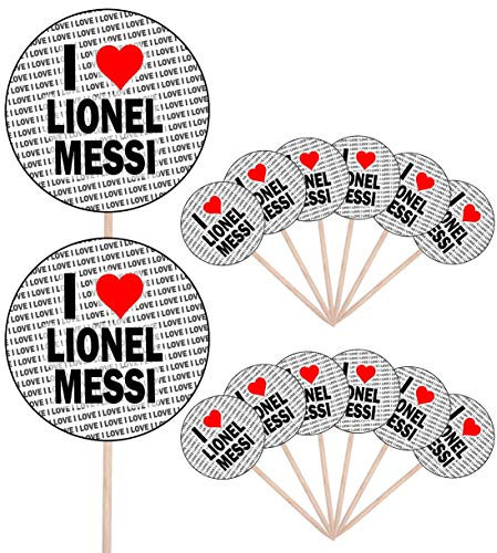 AK Giftshop I Love Lionel Messi - Party Food - Cake Cupcakes - Picks Sticks - Food Flags - Stand Up Decorations Toppers (14 Pack)