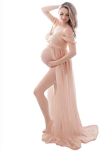 FEOYA Robe Femme Enceinte Photographie Robes Maternité Longue en Mousseline Vetêment à la Mode Vetements Grossesse Beige S