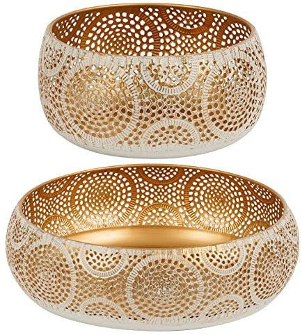 JAZUIHA Juego de 2 cuencos decorativos modernos de hierro forjado dorado vintage para frutas y cuencos decorativos, diámetro de 18,5 cm y 30 cm