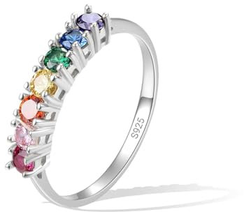 E Jewelry 925 Sterling Silber Regenbogen Ringe für Frauen, Buntes Versprechen Verlobungs Silber 925 Damen Ring, Damen Ewigkeitsringe mit glänzendem Zirkonia Rhodinierter Regenbogenring