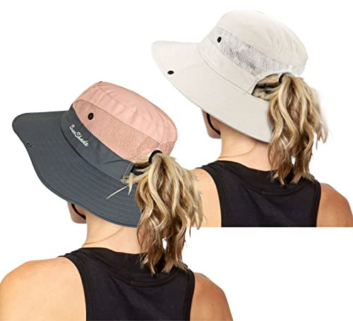 Damen Outdoor UV-Schutz Faltbare Sonnenhüte Mesh Breiter Rand Strand Fischerhut mit Pferdeschwanzloch, Pink+Beige, Einheitsgröße