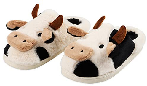 FORESTSSG Niedliche Kuh-Baumwoll-Hausschuhe für Männer und Frauen, flauschige Plüschtier-Hausschuhe für Haushalt drinnen und draußen, Nicht umwickelte Ferse, 42/43 EU