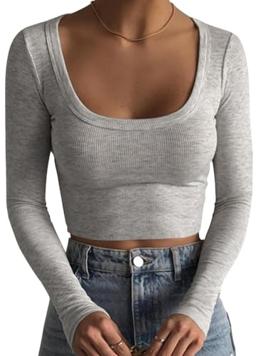 Artfish Women's Square Neck Long Sleeve Ribbed Slim Fitted Casual Basic Crop Top, Heather Grey, M