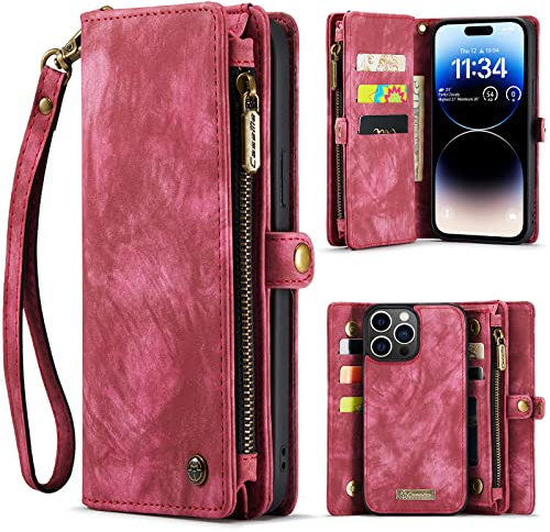 SWP Case for iPhone 14 Pro Max, Wallet Case w/Magnetic Detachable Cover [8 Card Slots] Clutch Wallet w/Wristlets Money Pocket for iPhone 14 Pro Max (Red)