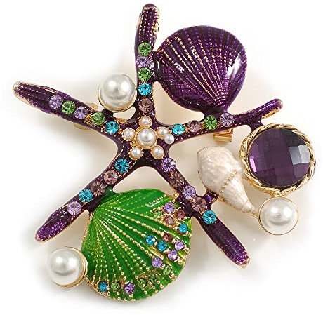 Avalaya Grande broche/pendentif étoile de mer en métal doré avec perles en émail violet/vert – 60 mm L, taille unique, Émail
