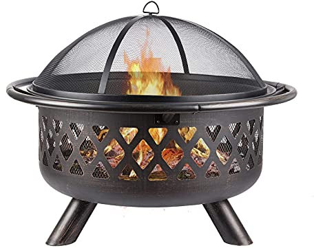 Samnuerly Kleine Feuerstelle, Outdoor-Feuerstelle mit BBQ-Grillregal, Feuerschale mit Funkenschutzgitter, extra inklusive Schürhaken und Abdeckung, Garten-Terrassenheizung