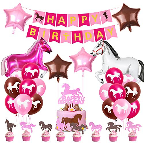 Luftballon Set, Ballon Set Geburtstag, Rosa Pferde Luftballons Geburtstag mit Happy Birthday Banner, Kindergeburtstag Deko, Party Deko Set, fur Mädchen