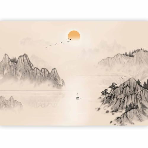 murando - Papier peint panoramique paysage 450x315 cm - Revêtement mural décoration pour chambre salon - Design moderne - Marron beige - Oiseaux soleil montagnes rivière paysage c-A-10063-a-a
