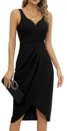 Missufe Cocktailkleid Elegant Kleider Partykleid Rockabilly Damen Bodycon Vintage Wickelkleid (Schwarz, X-Groß)