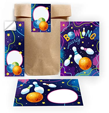 Junapack 12 Einladungskarten zum Kindergeburtstag Bowling Bowling-Party Einladungen für Geburtstag Mädchen Jungen incl. 12 Umschläge, 12 Tüten/natur, 12 Aufkleber