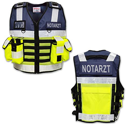 EXPLOSIV Reflektierende Multi-Taschen Security Sicherheitsweste, Größe M-2XL (verstellbar), navy-yellow (Notarzt)