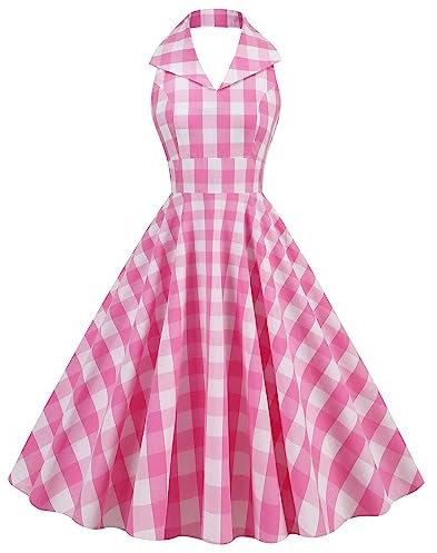 FYMNSI Robe vintage des années 1950, rockabilly, dos nu, col en V, plaid, ligne A, robe de cocktail, robe de soirée, Col en V rose, L