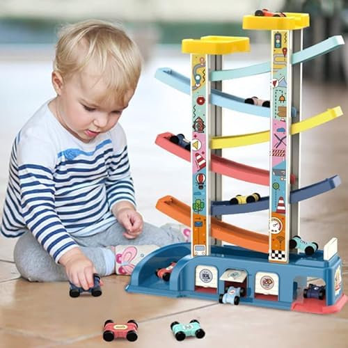 WY8 Car Ramp Toys Car Slide Toddler Toys Race Track with 8 racing Cars Click Clack Racing Track Speed Ramps for over 3 Years Old Boy Kids