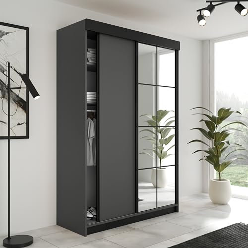 KIER FURNITURE Schiebegarderobe LAMARO mit Spiegel - Schrank Schlafzimmer – Schlafzimmerschrank – Wardrobe Bedroom – Kleiderschränke – Kleiderschrank Graphit – 138x205x59