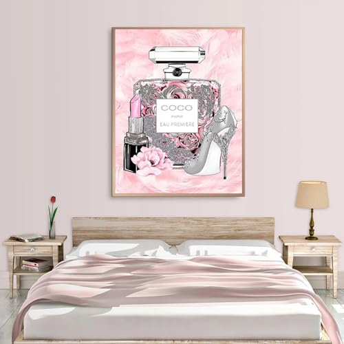 CEVAN Impression de bouteille de parfum de mode - Toile murale - Impression de mode Rouge à lèvres Affiche de parfum Chaussures de parfum rose - 50 x 70 cm - Sans cadre