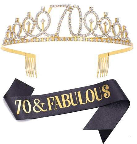 70 & Fabulous Schärpe & Strass Tiara Set Schwarz Gold 70 Geburtstag Geschenke für Frauen Geburtstag Schärpe Tiara für Frauen 70 Geburtstag Party Dekoration (Schwarz 70th), Large, Metall, Konglomerat