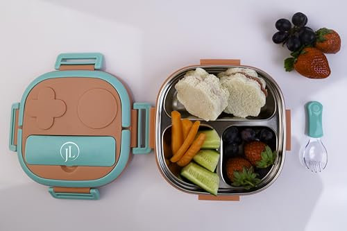 JL Brotdose Kinder mit Fächern,BPA Frei, Ideale Lunchbox Kinder 1-7 Jahre,100% Auslaufsichere Bento Box mit 3 Fächern aus Edelstahl (Rosa)