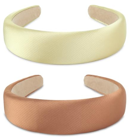 SXQLYH Lot de 2 serre-têtes rembourrés en satin de couleur métallique - Magnifiques bandeaux pour femme et fille - Bandeau large rembourré - Pour femmes et filles (jaune + marron)