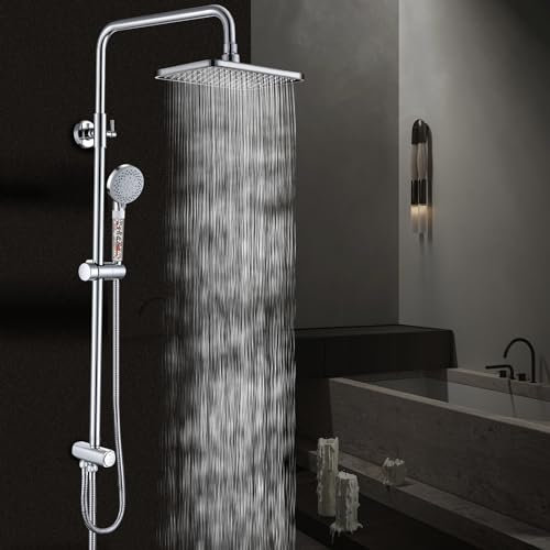 GAOZHI Colonna Doccia Acciaio Inox Senza Miscelatore Fori Muro Regolabili Set Doccia a Pioggia Con Doccetta a Mano e Soffione Doccia in acciaio INOX 28×18cm Quadrato Doccetta a Mano 5 Funzionis