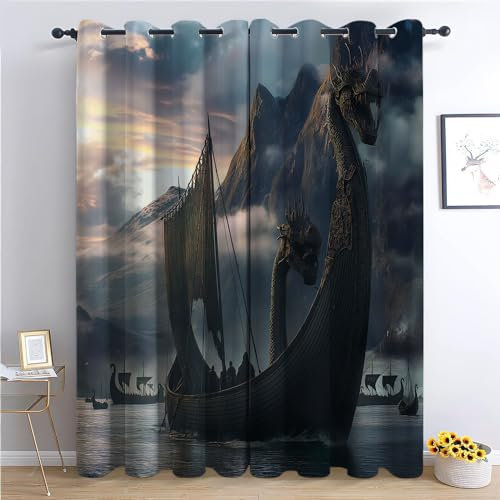 CozyRest Blickdichte Vorhänge Schlafzimmer 214 x 91.5 cm Vorhänge Dekor Jugendliche Kinder Gaming Schiebevorhänge Drachenboot Meer Vorhänge Dekor Set of 2er Panels