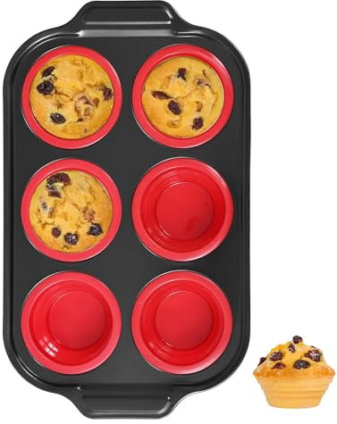 Toptrend Silicone Muffin Tray with Metal Frame, Regular Size Baking Trays for Cupcakes, Non-Stick Muffin Tin for Baking 6, BPA Free Red Baking Moulds for Muffin 30.9 x 18.7 x 3.5 cm