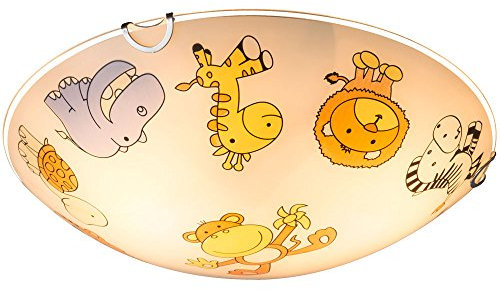 Kinderleuchte Deckenlampe Glas Kinderzimmerlampe rund, Glas bunt mit Tiermotiven, 2x E27, DxH 30x6,5 cm