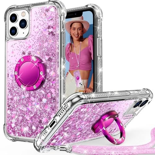 Unlicaku for iPhone 11 Pro Max Case, with Ring Women Girls Bling Holographic Sparkle Glitter Cute Cover, Diamond Ring Protective Phone Case for iPhone 11 Pro Max, Clear Pink