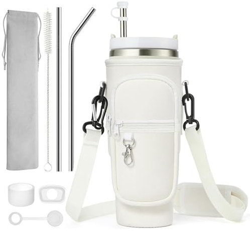 CHENGCKJ Stanley Cup Porte-bouteille d'eau avec compartiment pour téléphone portable, sangle réglable et accessoires Stanley Cup pour voyage, randonnée, cyclisme, camping Beige