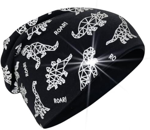 HECKBO 360° Reflektor Kinder Beanie Mütze - Vlies Stoff innen für Winter - Dinosaurier