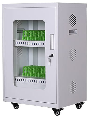 Trolley Fully Assembled 30 Bay Mobile Charging Cart for Chromebook and Laptop Surge Protection Key Lock White 13 inch Screen Size