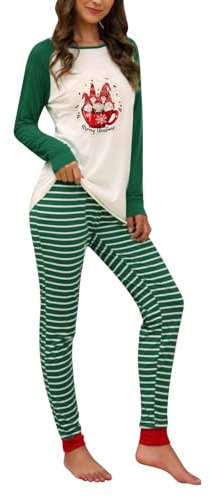 Pigiama Donna Seta Set Pigiama da Donna Top Natalizio con Stampa a Maniche Lunghe e Pantaloni Pigiama Set di Indumenti da Notte Morbidi Set Pigiami Famiglia Pigiama Donna Cotone Aperto (Green, L)