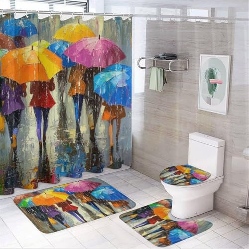 Hermoso juego de cortina de ducha con alfombras, paraguas de acuarela, moderno juego de accesorios de baño peatonales que incluye alfombras antideslizantes, cubierta de tapa de inodoro y alfombrilla